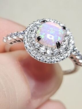 Pink Fire Opal CZ Double Halo Ring Cushion Cut 925 Silver Engagement Band Size 9